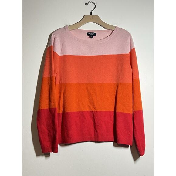 Lands End EUC Pink Colorblock 100% Cashmere Pullover Classic Preppy Sweater XL - Picture 1 of 5